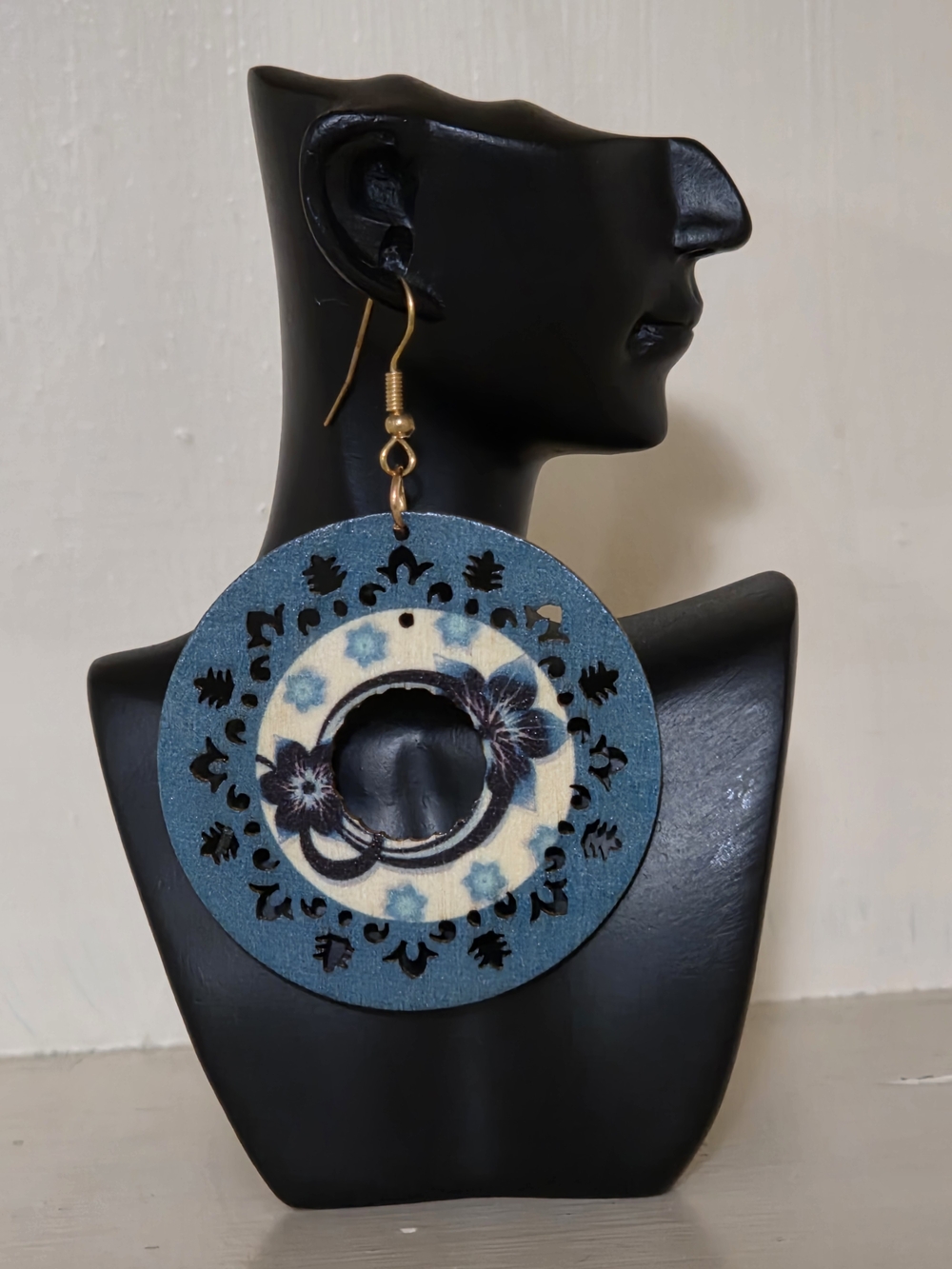 Fashion Jewelry Blue Floral Cutout Hoop Drop Earrings